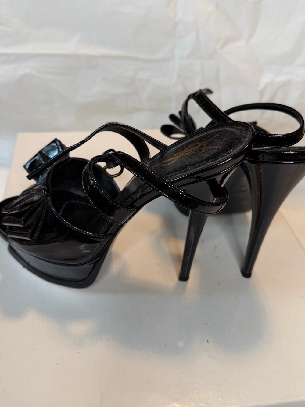Saint Laurent Black Patent Leather Bow Strappy High Heels - Picture 7 of 10